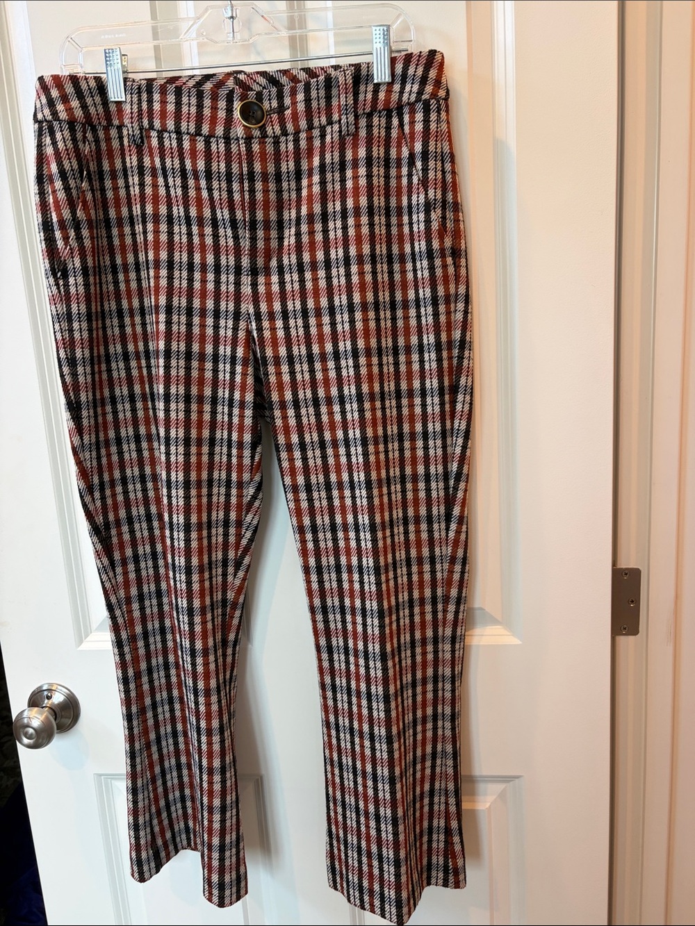 CAbi Plaid Cropped Pants in Red, Black and Cream